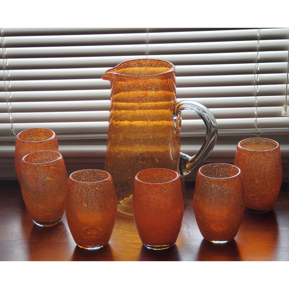 Vintage Handblown Pitcher and 6 Tumblers Set